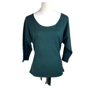 Ellie Kai Dark Solid Emerald Green Soft Knit Tie Back 3/4 Sleeve Slim Sweater